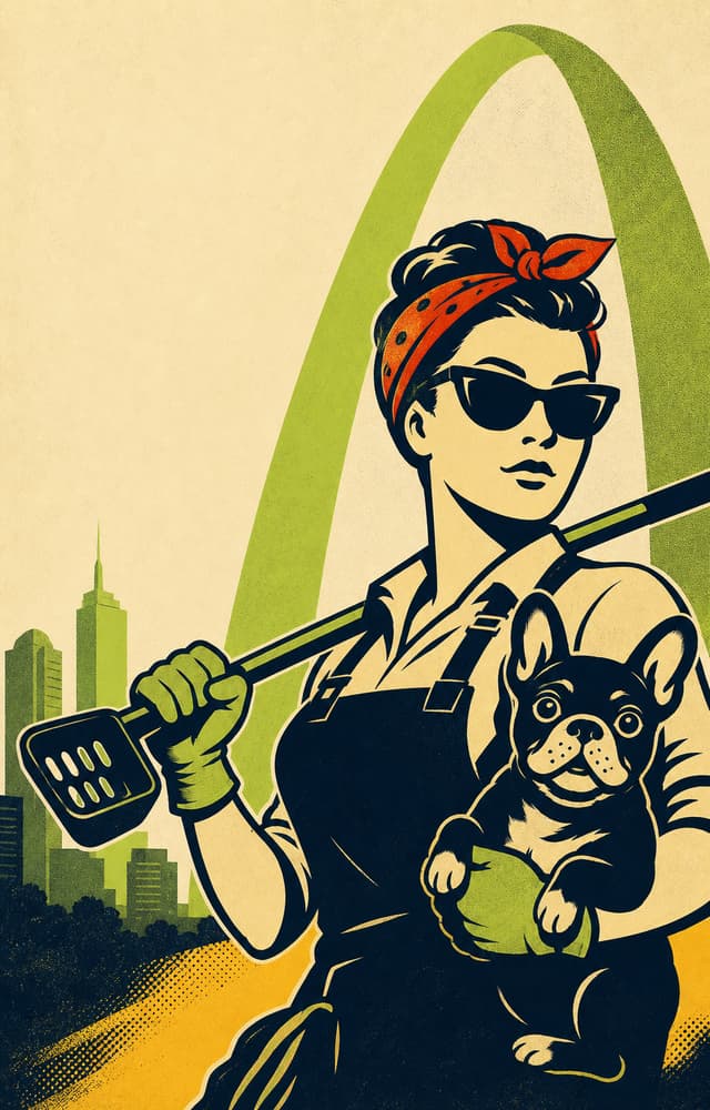 The STL Poo Nanny stands with a French bulldog and scooper beneath the Gateway Arch